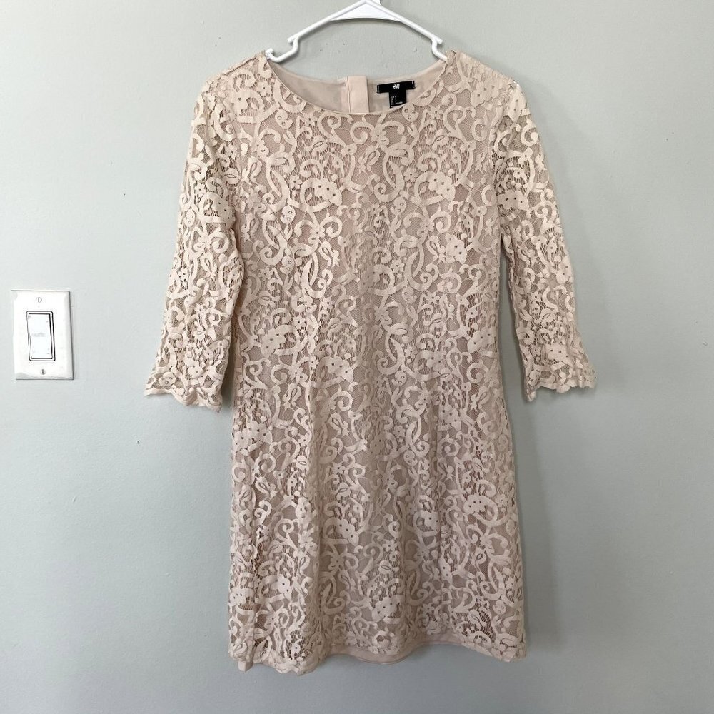 H&M blush tan lace overlay 3/4 sleeve knee length dress formal cotton size small